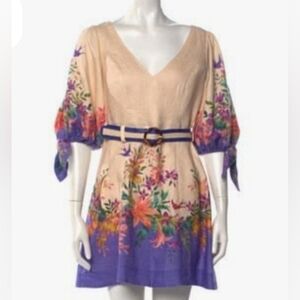 Zimmermann Cream and Purple Linen Floral Long Sleeve Dress